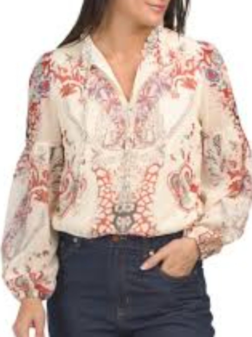 Dalia Cream Blouse with Coral-Pink Paisley Print Dalia Mac Phee